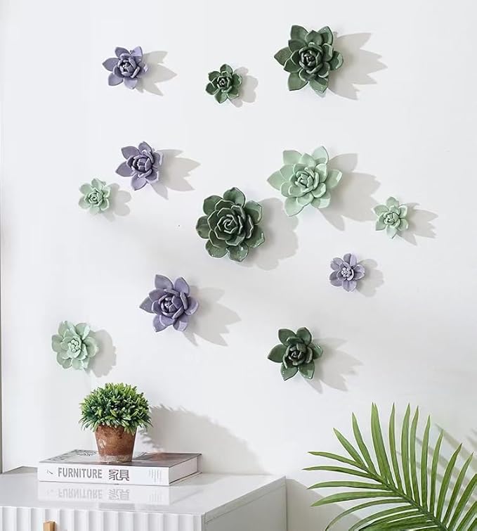 Snow Lotus，3.54" Ceramic Flower Wall Art, Artificial 3D Flower Wall Art, Handmade 3D Wall Art Hanging Sculpture, Porcelain Flower Wall Decoration for Home Office Decor (Light Green)