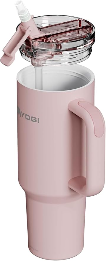 YOGI Ceramic Lined Metal Allergy Safe 40oz Tumbler with Handle and Straw Leakproof Flip & Sip Lid Vacuum Insulated Stainless Steel Travel Cup for Iced Coffee Water and All-Day Hydration 40oz Peonypink