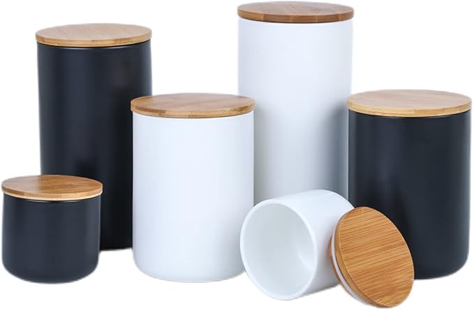 Ceramic Food Storage Jar Canister Modern Design Food Canisters with Airtight Seal Bamboo Lid, Loose Tea Coffee Spice Nuts Snacks Storage Jar Canister (Black 7.03oz/200ml)