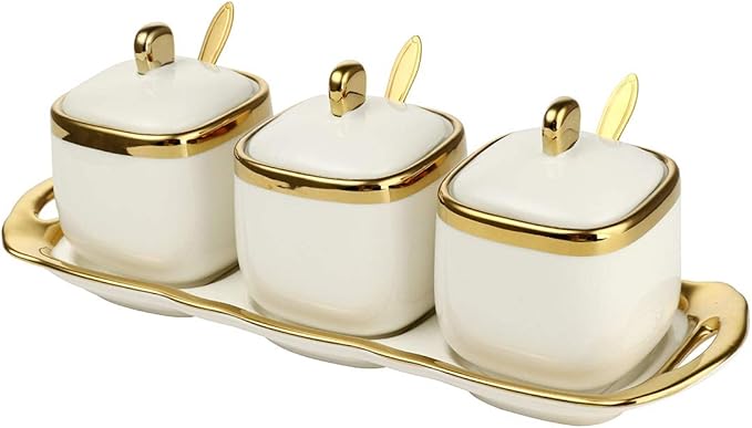 Spice Jars,Ceramic Spice Containers Kitchen Sugar Salt Condiment Jars Jars set with Lids and Spoons (White)