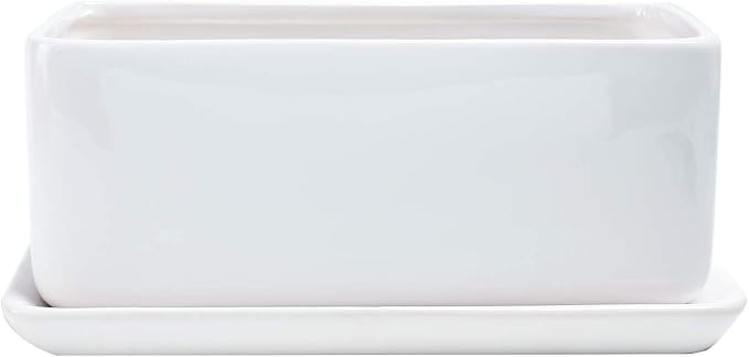 10 inch Rectangular White Ceramic Planter Pot Succulent Cactus Herb Flower Container Window Box Saucer Removable Drip Tray Base Drain Holes Home Office Indoor Outdoor Garden Desktop