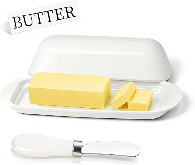 BPA-Free Melamine Butter Dish with Lid & Stainless Steel Knife - Farmhouse Butter Keeper for Countertop & Refrigerator, Dishwasher Safe, Holds 1 Stick with East & West Coast Butter-White