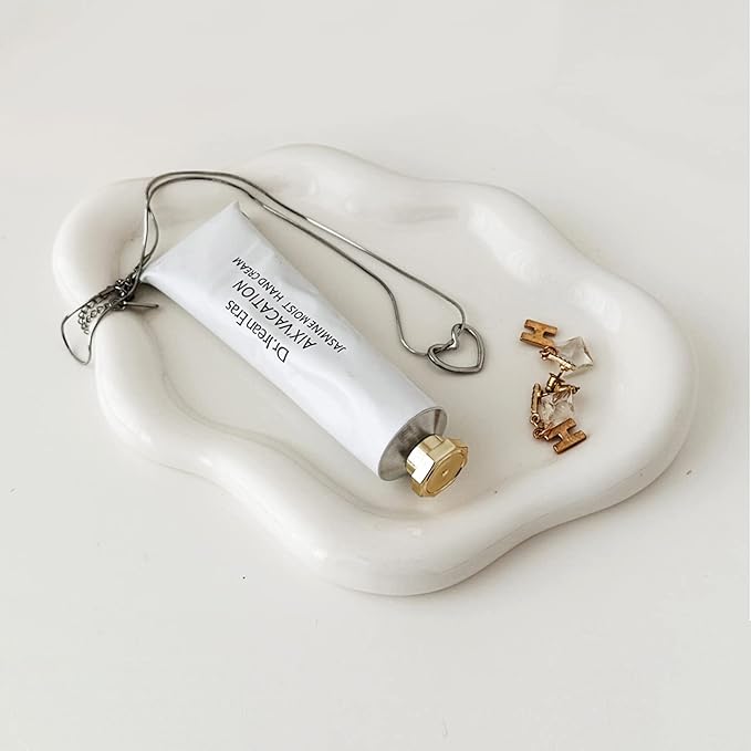 Jewelry Dish Trinket Tray for Women, Ring Dish Holder, Unique Cloud Shape Ceramic Plate Cute Things Vanity Aesthetic Room Decor Mother's Day Birthday (White)