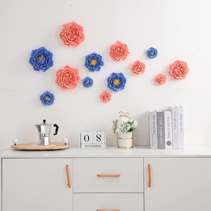 Ceramic Flower Wall Art, Artificial 3D Flower Wall Art, Handmade 3D Wall Art Hanging Sculpture, Porcelain Flower Wall Decoration for Home Office Decor (Orange，Peony，2.76")