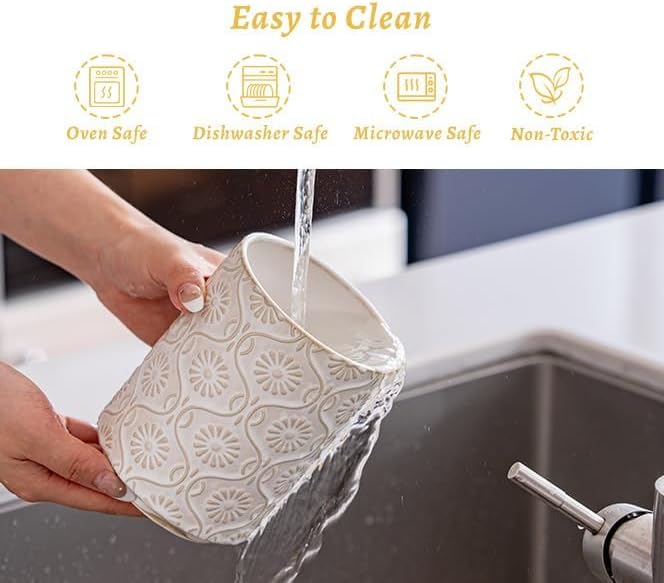 TEATALK Ceramic Utensil Holder Set, 360° Rotating Organizer for Countertop, Farmhouse Vintage Style, Large and Small Crocks in White，7.7"+5.7"