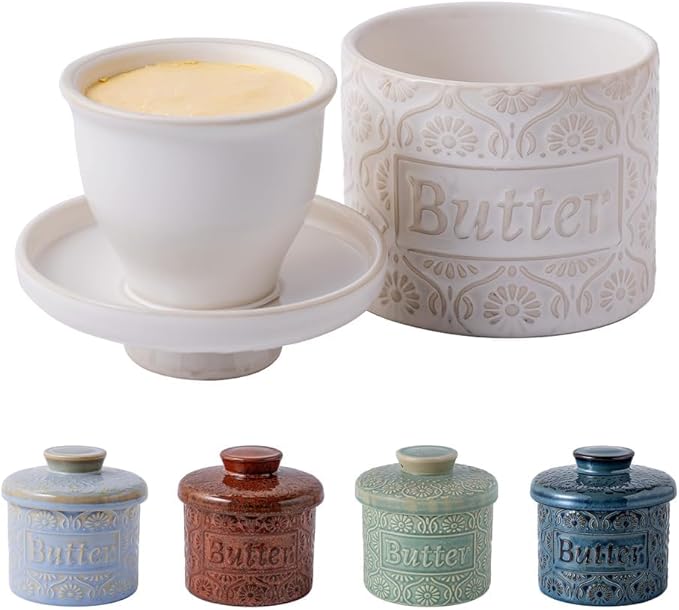 TEATALK Ceramic French Butter Crock - Vintage Relief Pattern Butter Keeper with Water Seal, 6.7oz Creamy White Butter Dish for Fresh Spreadable Butter, Farmhouse Kitchen Decor & Gift