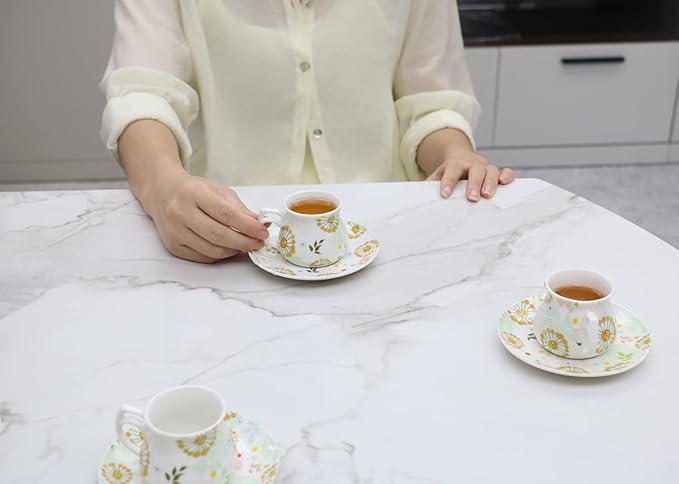 GuangYang 12 pieces Expresso Cups and Saucers for 6 People,2 oz Turkish Coffee Cup set of 6,Lucky Floral Pattern,Good Gift Set