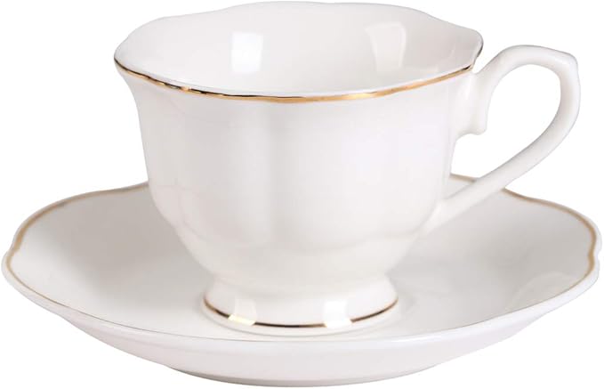 Guangyang 12 pieces Fine Porcelain 2.5oz Cups and Saucers set of 6 Turkish Coffee Cup set for Double Espresso White Color with Gold Trim