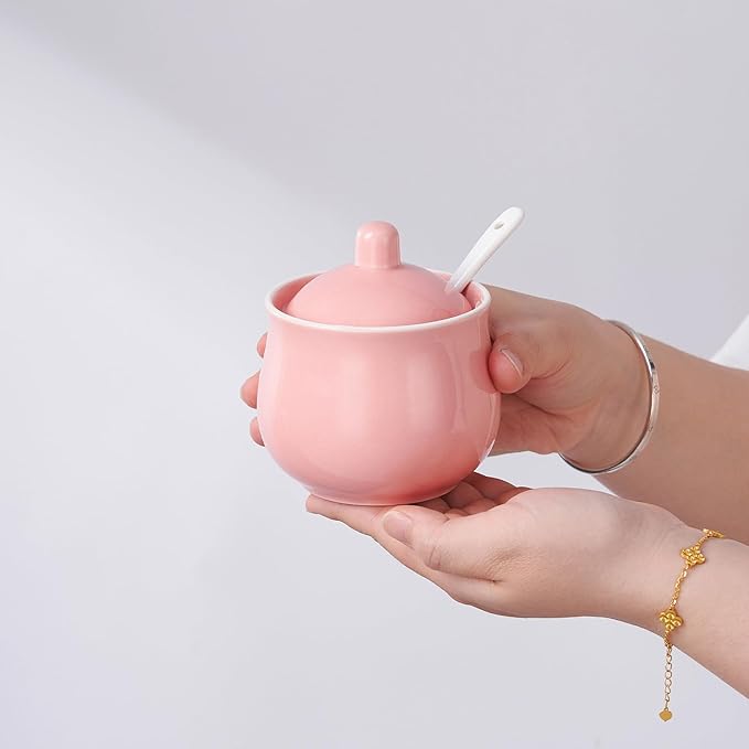 Ceramic Sugar Bowl with Lid and Spoon, Pink Porcelain Sugar Salt Pepper Storage Jar, 7 Ounces