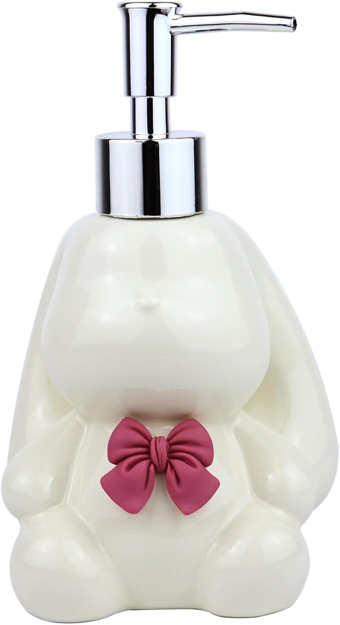 Cute Rabbit Ceramics Countertop Soap Dispenser, 11oz/320ml Elegant Long Eared Rabbit Design Hand Dish Lotion Dispenser for Kitchen, Bathroom and Bedroom (White)