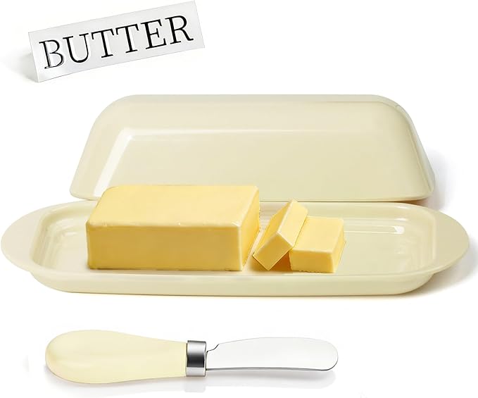 BPA-Free Melamine Butter Dish with Lid & Stainless Steel Knife - Farmhouse Butter Keeper for Countertop & Refrigerator, Dishwasher Safe, Holds 1 Stick with East & West Coast Butter-Cream