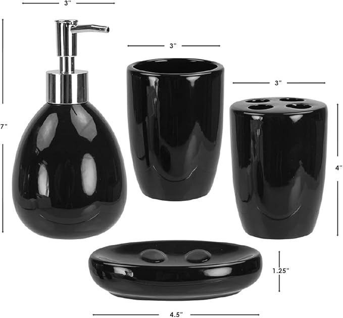 4-Piece Ceramic Bathroom Set (Black), By Home Basics | Contemporary Design Bathroom Accessory Sets | Accessories For Bathroom | Includes Soap Dish, Tumbler, Toothbrush Holder, and Lotion Dispenser