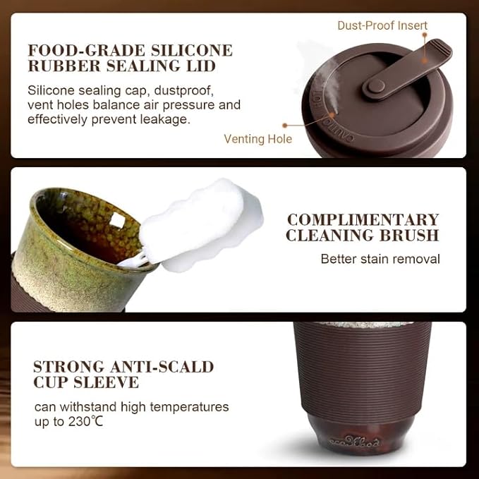 13oz Ceramic Travel Coffee Mug with Lid 2pcs, Modern Ceramic Coffee Cup Fit Car Holder, Portable Coffee Mug w/Sleeve Heat-Resistent for Hot Cold Drinks, Easter Wedding gift &Mother’s Day