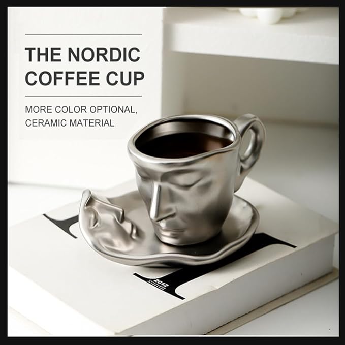 Abstract art teacup kissing lover stereo face sculpture coffee cup, 260ml ceramic coffee cup saucer(8.8oz)