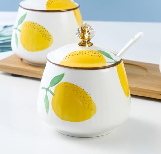 Ceramic Sugar Bowl Lemon Spice Jar Storage Jar with Lid Spoon, 10oz