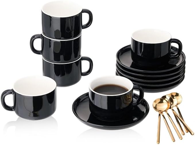 8oz Cappuccino Cups Set of 6, Ceramic Coffee Cups and Saucers Set with Spoons, Black Durable Coffee Cups for Cappuccino Espresso Latte Mocha Au Lait Macchiato Cafe