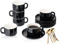 8oz Cappuccino Cups Set of 6, Ceramic Coffee Cups and Saucers Set with Spoons, Black Durable Coffee Cups for Cappuccino Espresso Latte Mocha Au Lait Macchiato Cafe