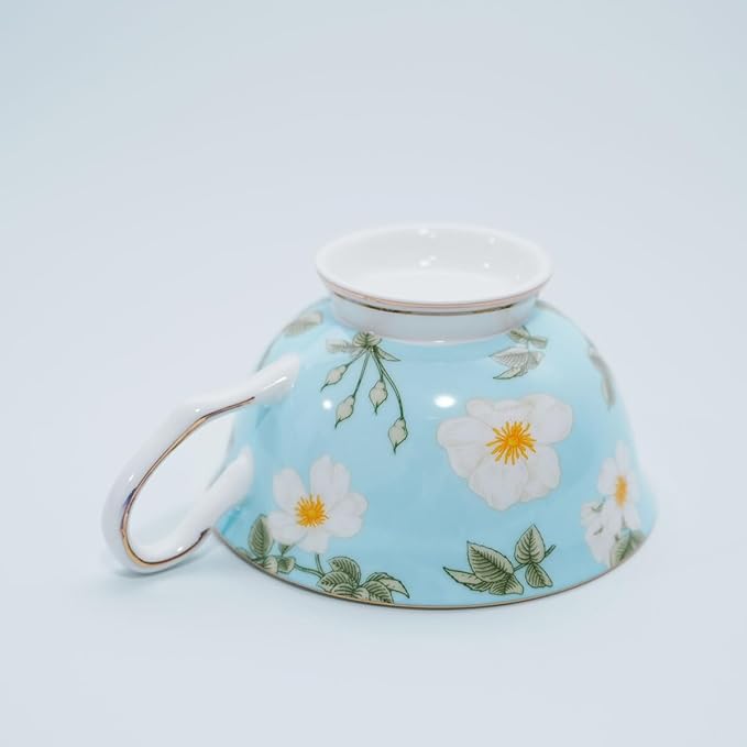 Bone China Tea Cup and Saucer Set with Spoon，Elegant Floral Tea Cup Set (7 oz)，British Coffee Latte Mug for Birthday Party Christmas gift for Friends