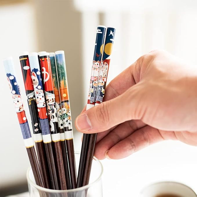 Wooden Chopsticks Reusable 5 Pairs Lucky Cat Design Gift Set Hand-made Japanese style 8.8 Inch/22.5cm
