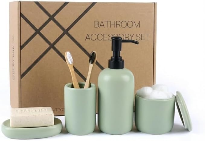 Ceramic Bathroom Accessories Set 4 Pcs – Modern Scandinavian Neutral Bathroom Soap Dispenser Set with Toothbrush Holder, Soap Dish & Cup – Minimalist Bathroom Accessory Set Decor - Sage Green