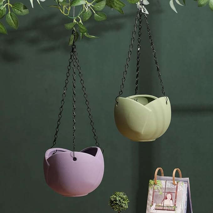 Sizikato Hanging Porcelain Planter, Unglazed Ceramic, Flower Shape, 6 Inch