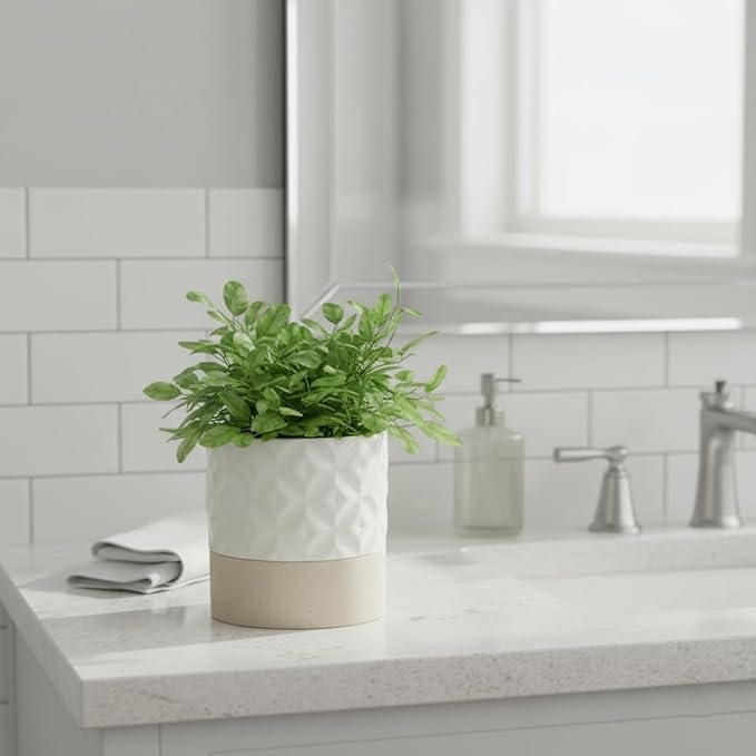 Nihow Self Watering Plant Pot: 4.5 Inch Ceramic Planter with Drainage Hole & Water Storage Plus for Indoor & Outdoor Plants - Cylinder Flower Pot for Herbs/Violets - Matte White & Brown Star