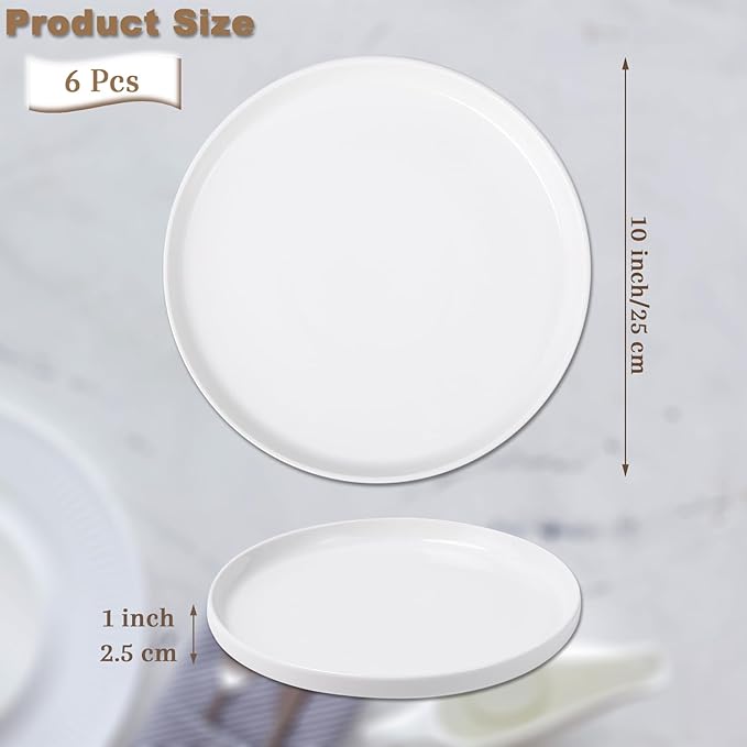 10 inch White Dinner Plates Set of 6, Ceramic Dinner Plates, Round Dessert Salad Plate, Porcelain Plate for Kitchen, Restaurant, Microwave, Oven & Dishwasher Safe, Scratch Resistant