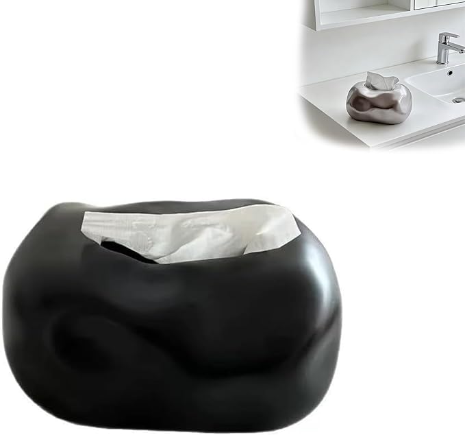 Decorative Ceramic Tissue Box Cover Modern Sculptural Design Creative Tissue Holder Smooth Finish for Home Office Bathroom (Black)