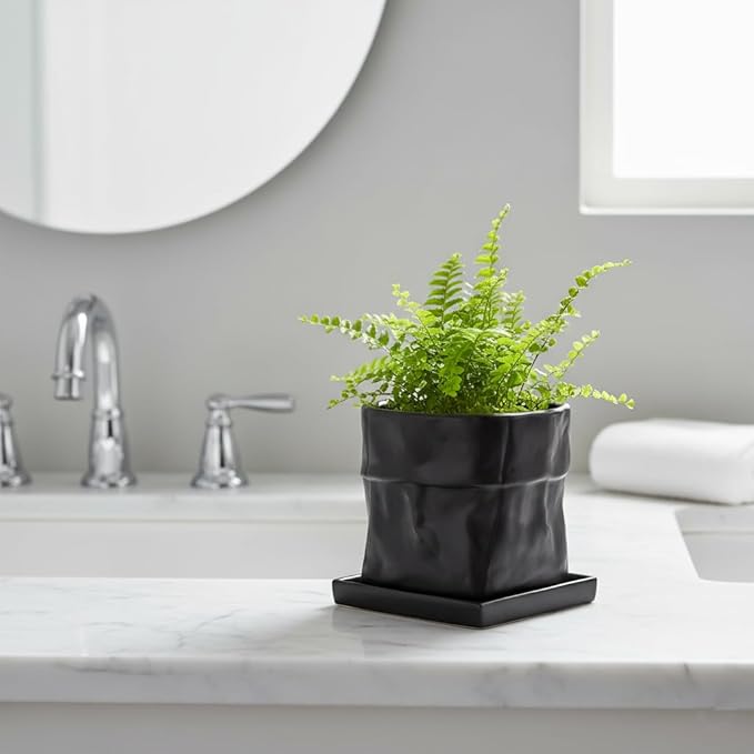 Nihow Ceramic Plant Pot: 6 Inch Planter with Drainage Hole & Square Saucer for Herbs/Plants, Bag Shape Design Flower Pot for Indoor & Outdoor Garden Decor - Black