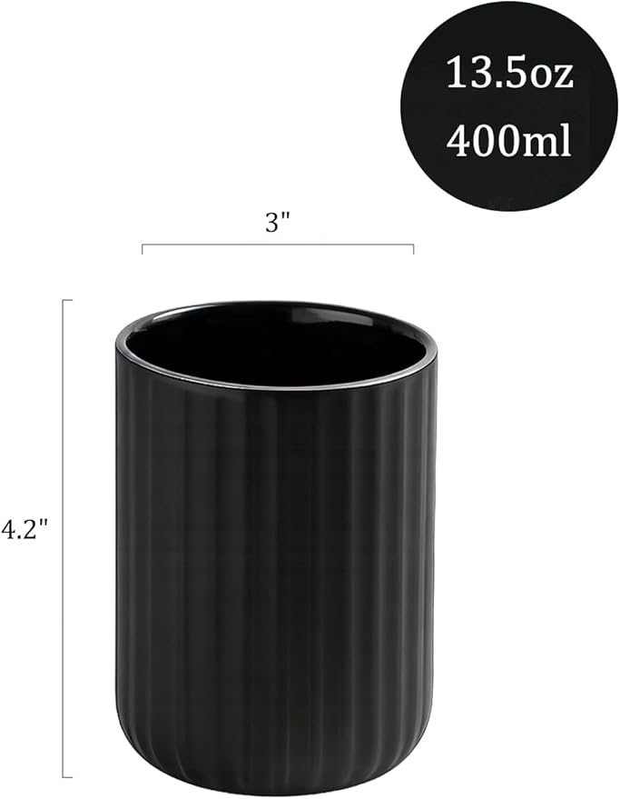 Black Ceramic Toothbrush Holder Cup – 13.5oz Bathroom Tumbler with Vertical Stripe Texture, Modern Toothbrush or Makeup Brush Holder