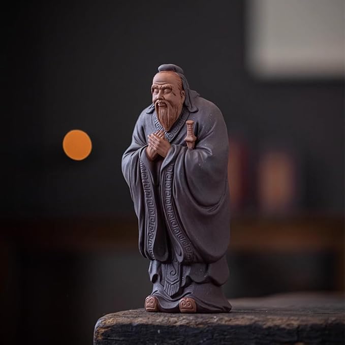 Traditional Chinese Purple Clay Confucius Statue, Ceramic Sculpture, Gray, 8.5x6.7x18.5cm, Decorative Collectible Art