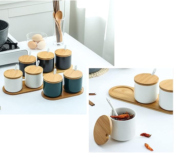 Simple Pure Color Ceramic Spice Jar Seasoning Box Condiment Pot Sugar Bowl with Bamboo Lid and Spoon