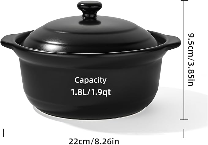 Korean Dolsot Pot Set, Bowl with Lid, for Cooking Bibimbap, Kimchi, Hot Pot, Soups and Stews, Oven and Dishwasher Safe, 1.9 Quart, Black