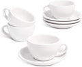 LE TAUCI Cappuccino Cups with Saucers 6 oz, Set of 4 Ceramic Coffee Cup and Saucer Set for Latte, Au Lait, Flat White, Mocha, Tea, Embossed Coffee Cups, White