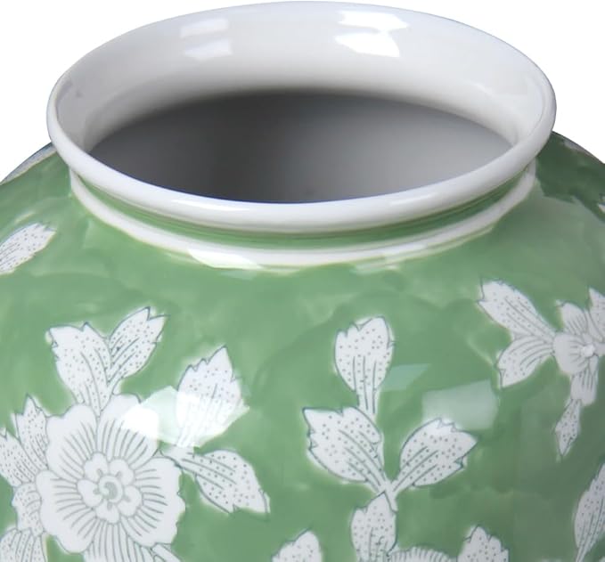 Spring Floral Ceramic Vase, Green and White Chinoiserie Vase with Hand-Painted Peony Design, 14 Inch Tall Decorative Vase for Home Decor, Table Centerpiece