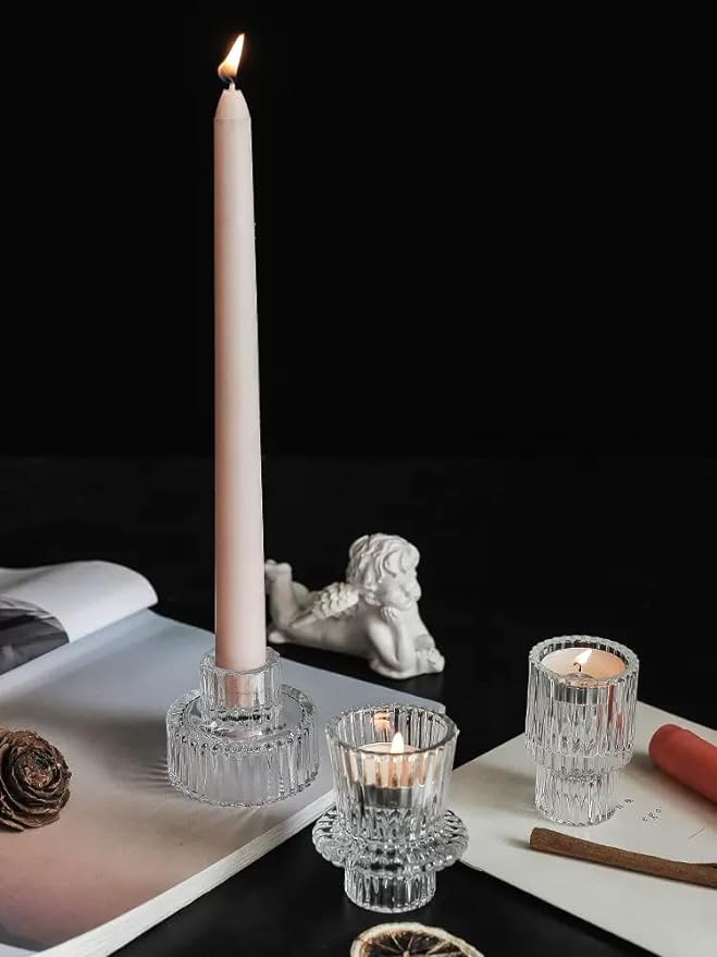 Vixdonos Glass Candlestick Holders Tealight Candle Holders for Table Centerpieces, Wedding Decor and Dinner Party (3 Pcs, Clear)