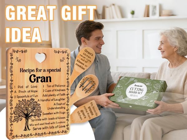 Gran Gifts - "Recipe for a Special Gran" Gran Gifts for Grandma Cutting Board Set, Bamboo-Made Engraved Utensil Set Gifts for Gran Cutting Board, Best Gran Ever Gifts.