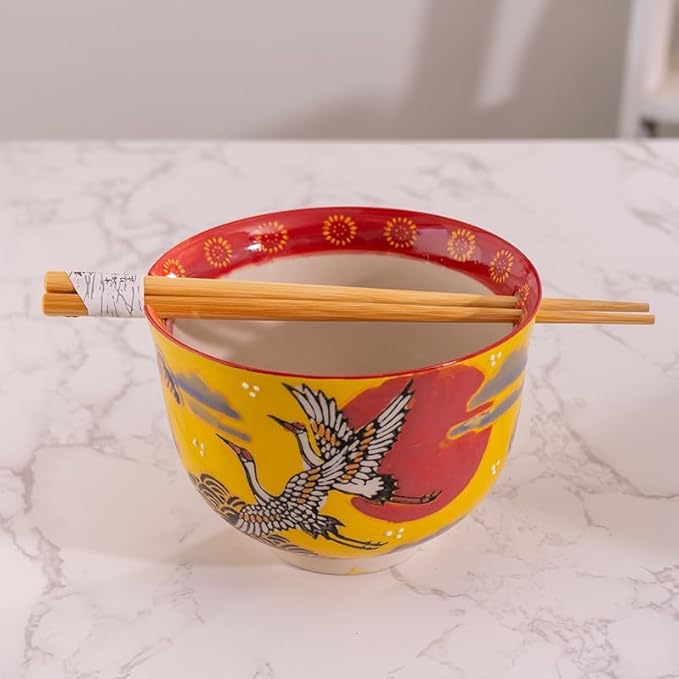 Urban Tokyo Handpainted Ceramic Glazed Japanese Ramen Udon Noodle Rice Bowl With Chopsticks 20 fl oz 5 inch Diameter Bowl Sets Color Box Packaging (Crane and Moon Design)