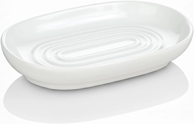 White Ceramic Soap Dish, Minimalist Bar Soap Holder - Elegant Hostess Gift, Housewarming Gift for New Home, Decorative Soap Tray for Bathroom, Kitchen