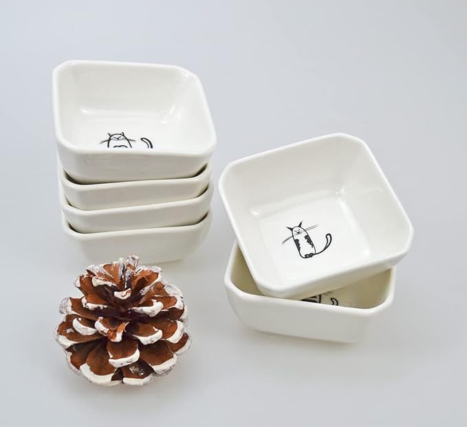 SOCOSY Super Cute Cat Ceramic Sauce Dish/Seasoning Dish/Sushi Soy Dipping Bowl/Appetizer Plates/Serving Dish for Kitchen Home(Set of 6)