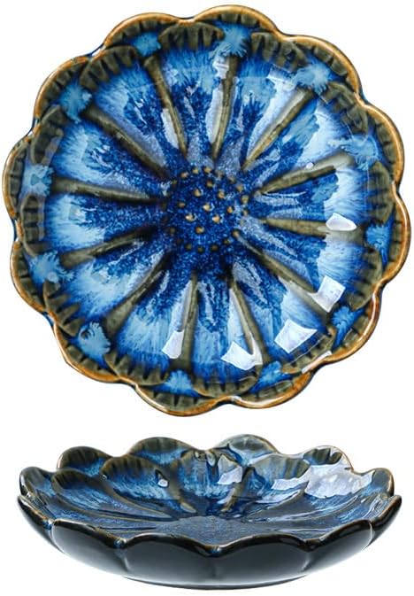 Lotus Ring Holder Dish Small Indoor Ash Tray, Ceramic Dessert Plate Trinket Jewelry Holder Organizing Necklace Earrings for Parents Friends Sister, Blue. All Jewelries Are NOT Included.