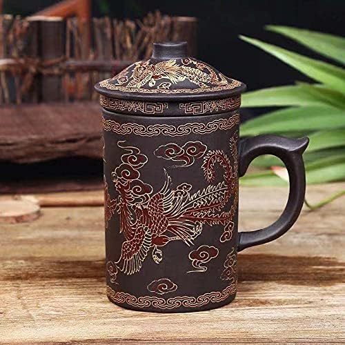 Ceramic Teacup, Chinese Hand Painted Purple Clay Tea Mug with Lid and Infuser, (13oz) Zisha Water Mug Drinkware for Office Home (black phoenix)