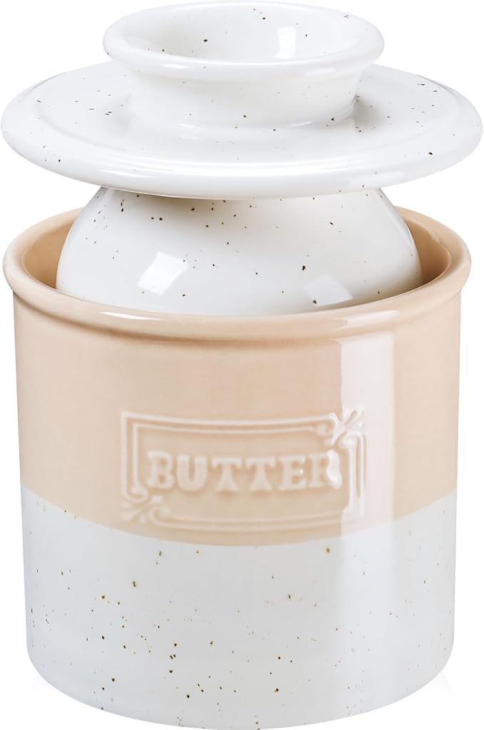 NUTRIUPS Ceramic Butter Crock, Butter Dish with Lid for Countertop with Water Line, French Retro Butter Crock for Spreadable Butter (Warm Sand White)