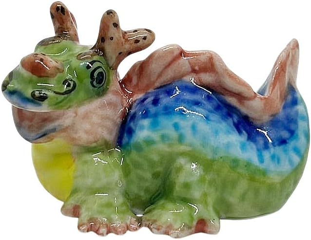 WitnyStore Tiny 1¾" Long Green Red Chinese Dragon Figurine - Miniature Hand Made Painted Ceramic Asian Dragons Mythical Creature Animals Colorful Decorative Collectible Figurines Home Décor Gifts