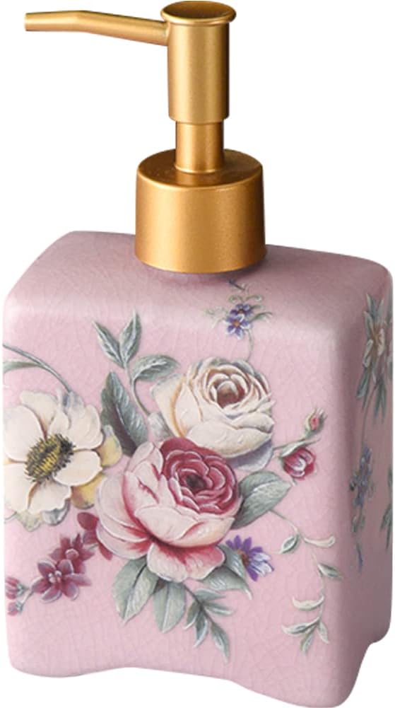 WAYUTO 12 Oz Vintage Soap Dispenser Ice Crack Ceramic Liquid Soap Dispenser Lotion Pump Bottle for Kitchen Countertop Bathroom Decorative Antique Floral Porcelain Hand Soap Dispenser Pink Rose