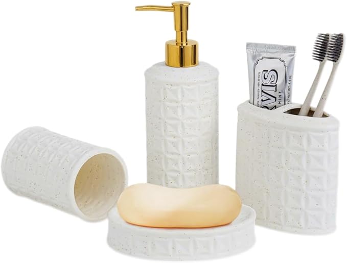 Bathroom Accessories Set 4 Pcs - Ceramic Soap Dispenser, Toothbrush Holder, Tumbler & Soap Dish with Coin Pattern Design, White Bathroom Decor Set for Counter Organization