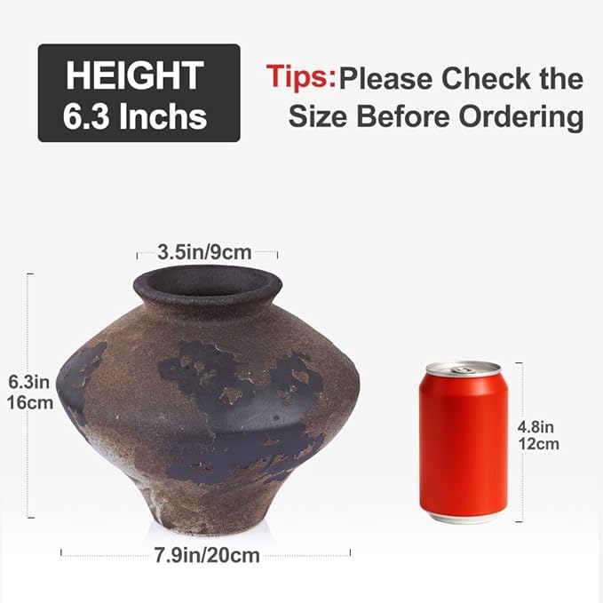 Wabi Sabi Rusty Vintage Vase, 6.3" Tall Wabi Sabi Decor Rustic Farmhouse Pottery Vase for Centerpiece, Textured Pottery Flower Vases for Home Decorative, Table, Living Room, Bedroom, Bathroom, Kitchen
