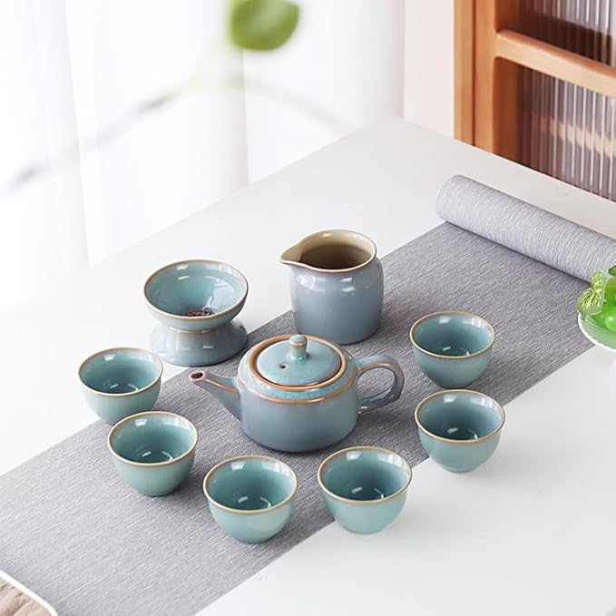 Chinese Tea Set, 10-Piece Ceramic Set with Teapot and Cups, Gongfu Tea Set,Tea Gift Sets,Outdoor and Office (purple and green)