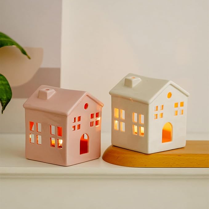 Hollowed Ceramic Village House Tealight Candle Holder for Home Fireplace Mantel Table Centerpiece Winter Holiday Christmas Decorations (White)