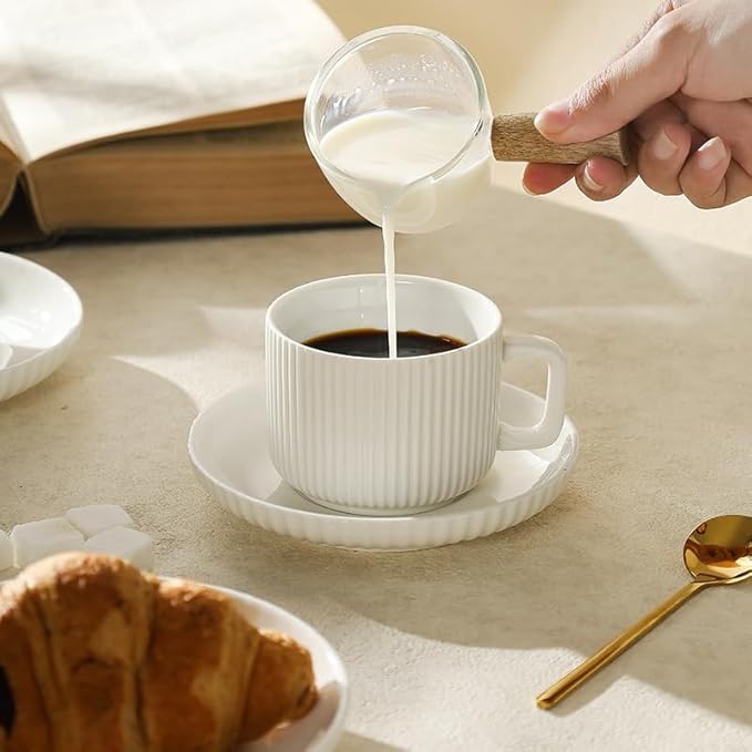 5 Ounce Espresso Cups Set of 4, Small Coffee Cups with Saucers and Spoons, White Cream Ceramic Demitasse Espresso Mugs